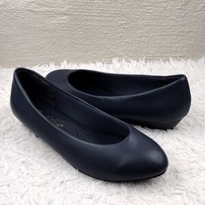 Angel Steps Navy Blue Faux Leather Almond Toe Low Wedge Heel Slip On Loafer Shoe